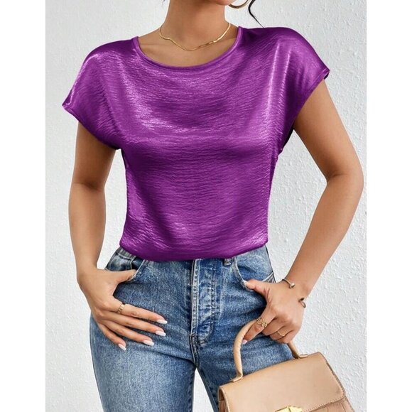 Shiny Purple Satin Blouse Womens Short Sleeve Round Neck Casual Top - Picture 4 of 5